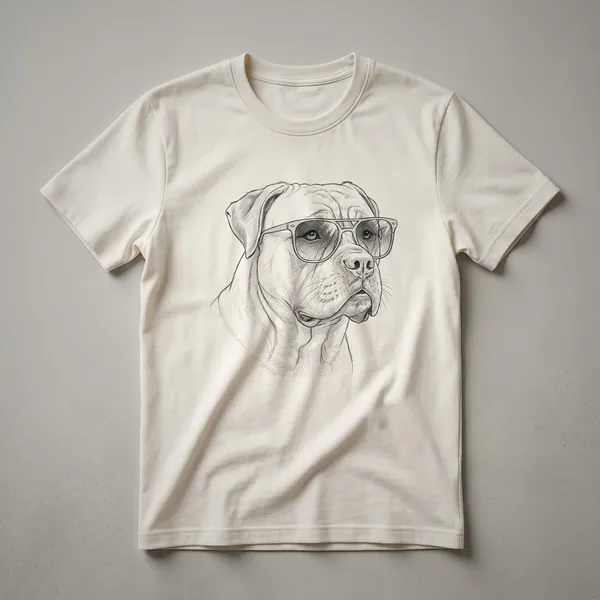 A graphic t-shirt featuring a Bullmastiff dog wearing dark sunglasses and a red, white, and blue American flag bandana.