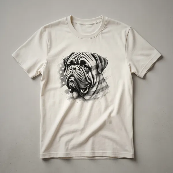 White t-shirt featuring a Bullmastiff wearing sunglasses with a distressed American flag design in the background, celebrating the 4th of July.