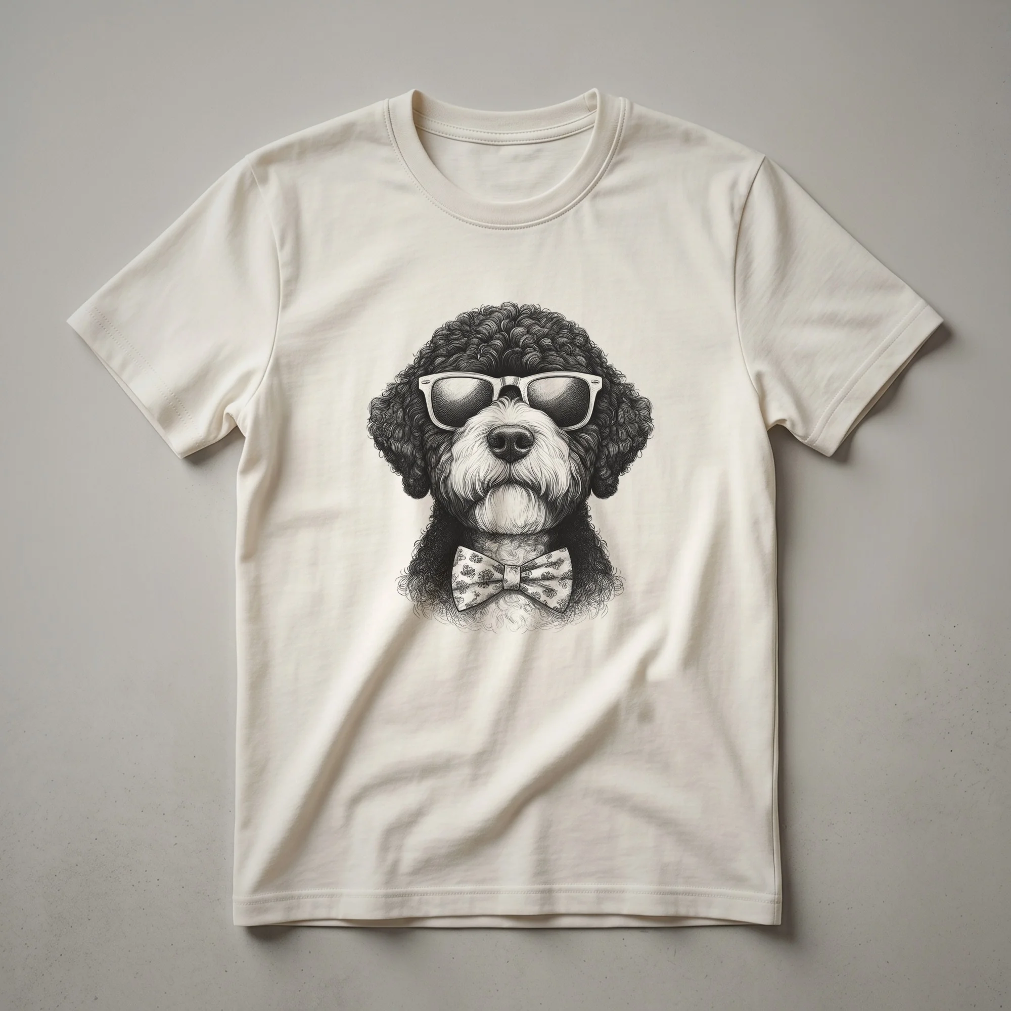 White t-shirt featuring a graphic of a Portuguese Water Dog wearing sunglasses with subtle red, white, and blue accents.