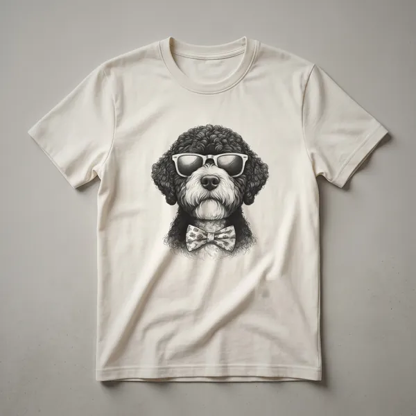 White t-shirt featuring a graphic of a Portuguese Water Dog wearing sunglasses with subtle red, white, and blue accents.