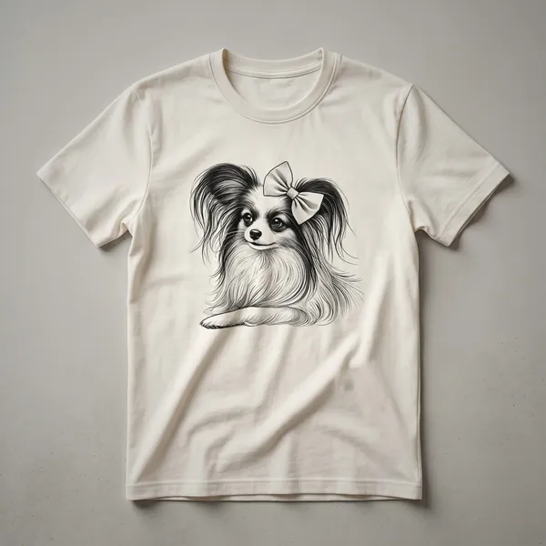 White graphic t-shirt with a black outline of a Papillon dog peeking over the words 'Papillon Mom' in black text.