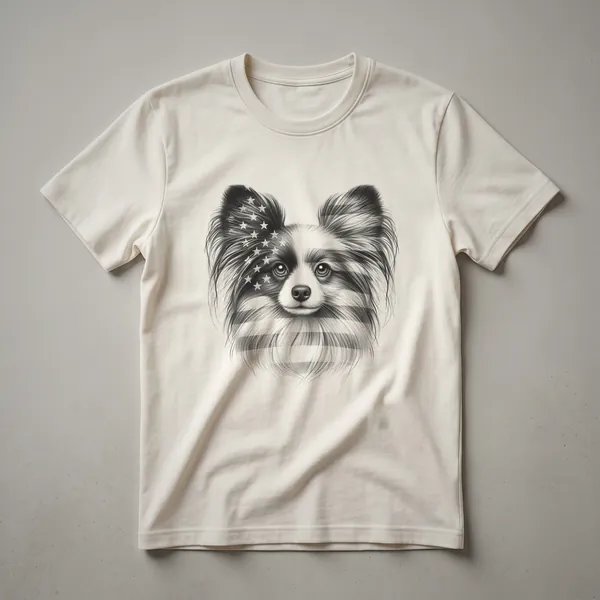 White t-shirt with a graphic of a Papillon dog wearing sunglasses that feature the American flag pattern, celebrating the 4th of July.