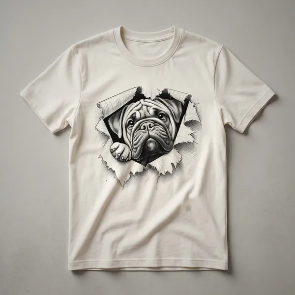 White t-shirt with a Bullmastiff dog's face peeking from behind a colorful floral arrangement in a watercolor style.