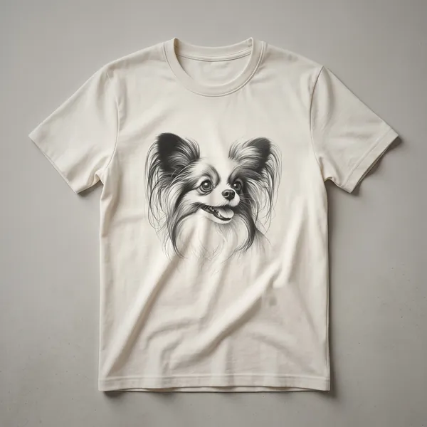 A white t-shirt featuring a graphic of a Papillon dog surrounded by colorful flowers and leaves.