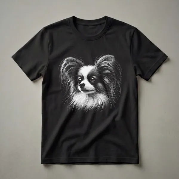 Black and white sketch of a Papillon dog's face with large, expressive eyes and prominent ears, set against a solid black background.