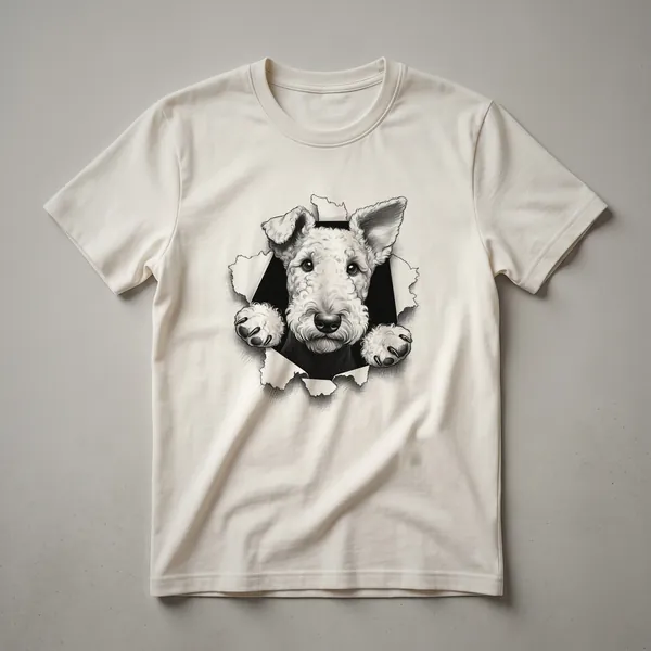 White graphic t-shirt featuring an Airedale Terrier's head peeking over a colorful floral border with the text 'Airedale Terrier' visible.