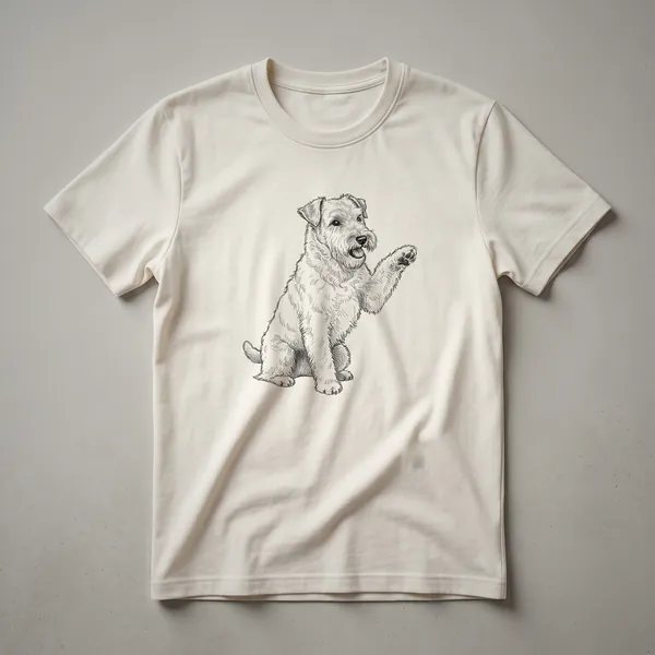 White graphic t-shirt featuring a Soft Coated Wheaten Terrier dog illustration with its paw raised, designed for dog lovers.