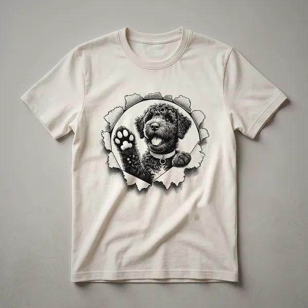 A white t-shirt featuring a graphic of a Portuguese Water Dog peeking from the bottom edge, with its head and front paws visible.