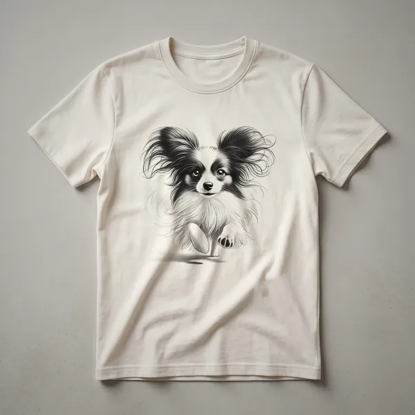 White graphic t-shirt featuring a Papillon dog running with a stylized motion trail, designed for dog owners and runners.