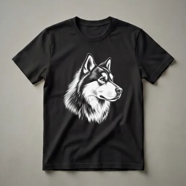 Black and white graphic t-shirt featuring the detailed profile illustration of an Alaskan Malamute dog's face with striking linework.