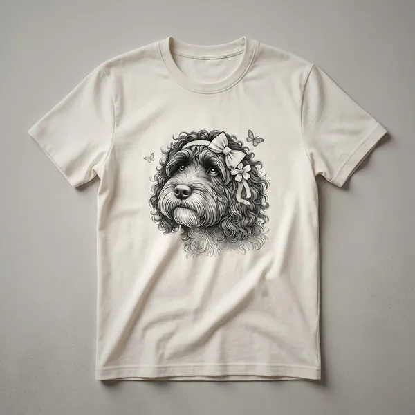 White graphic t-shirt featuring a floral design of a Portuguese Water Dog's head, with the text 'Portuguese Water Dog Mom' below.