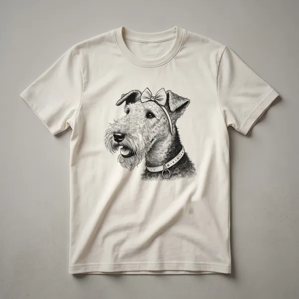 A graphic t-shirt design featuring a stylized Airedale Terrier head surrounded by floral elements, presented on a white background.
