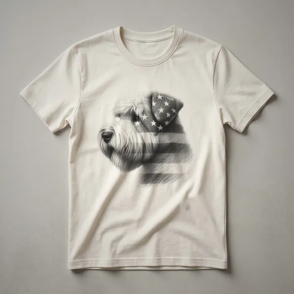 A white graphic t-shirt featuring a Soft Coated Wheaten Terrier wearing dark sunglasses with a red, white, and blue American flag design.