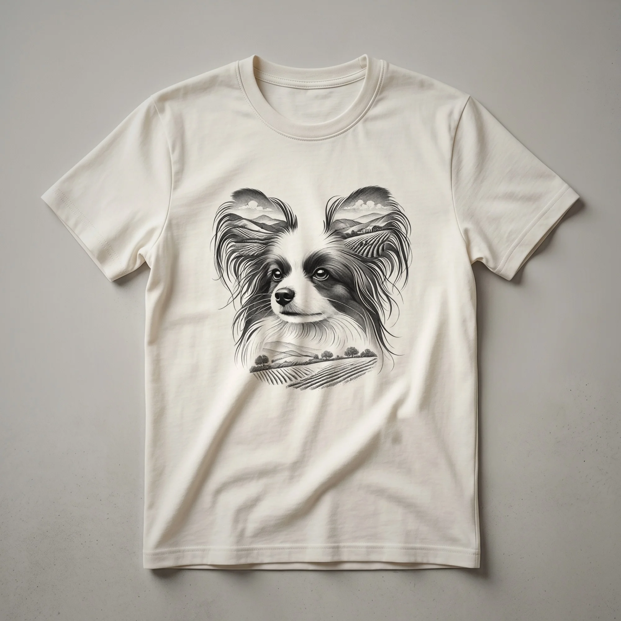 White t-shirt with a graphic design featuring a Papillon dog portrait, surrounded by floral elements and a sunset sky.