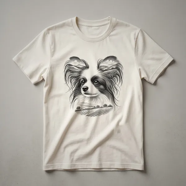 White t-shirt with a graphic design featuring a Papillon dog portrait, surrounded by floral elements and a sunset sky.