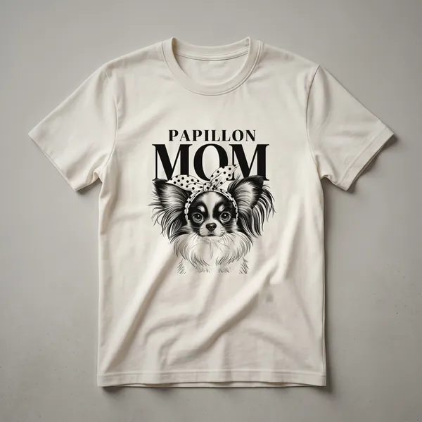 White graphic t-shirt with a floral Papillon dog face design, featuring butterfly-like ears and surrounding flowers.