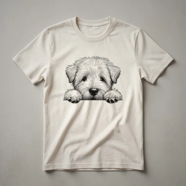 White t-shirt with a graphic of a Soft Coated Wheaten Terrier dog peeking over a design element, showcasing its wheat-colored fur and friendly expression.