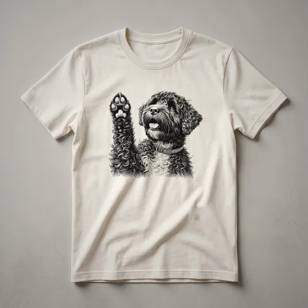Black t-shirt featuring a graphic of a Portuguese Water Dog with its front paw raised in a playful pose.