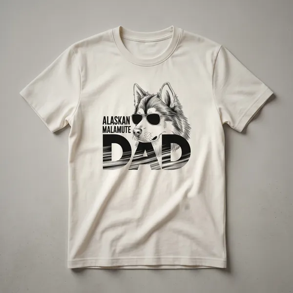 A graphic t-shirt in a dark heather color featuring the face of an Alaskan Malamute surrounded by colorful floral elements, designed for men.