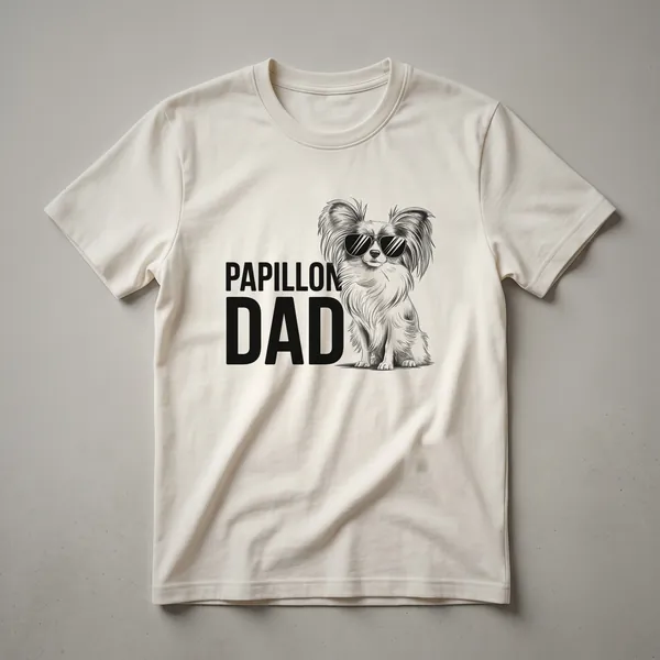 Black t-shirt with a graphic design of a Papillon dog's face surrounded by colorful flowers, representing a Papillon Dad.
