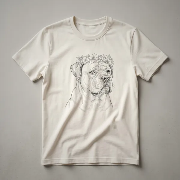 White graphic t-shirt featuring a Bullmastiff dog's head within a colorful floral wreath design.