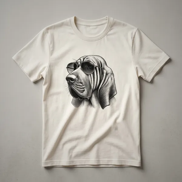 White graphic t-shirt featuring a Bloodhound dog wearing dark sunglasses, with a patriotic-themed background.