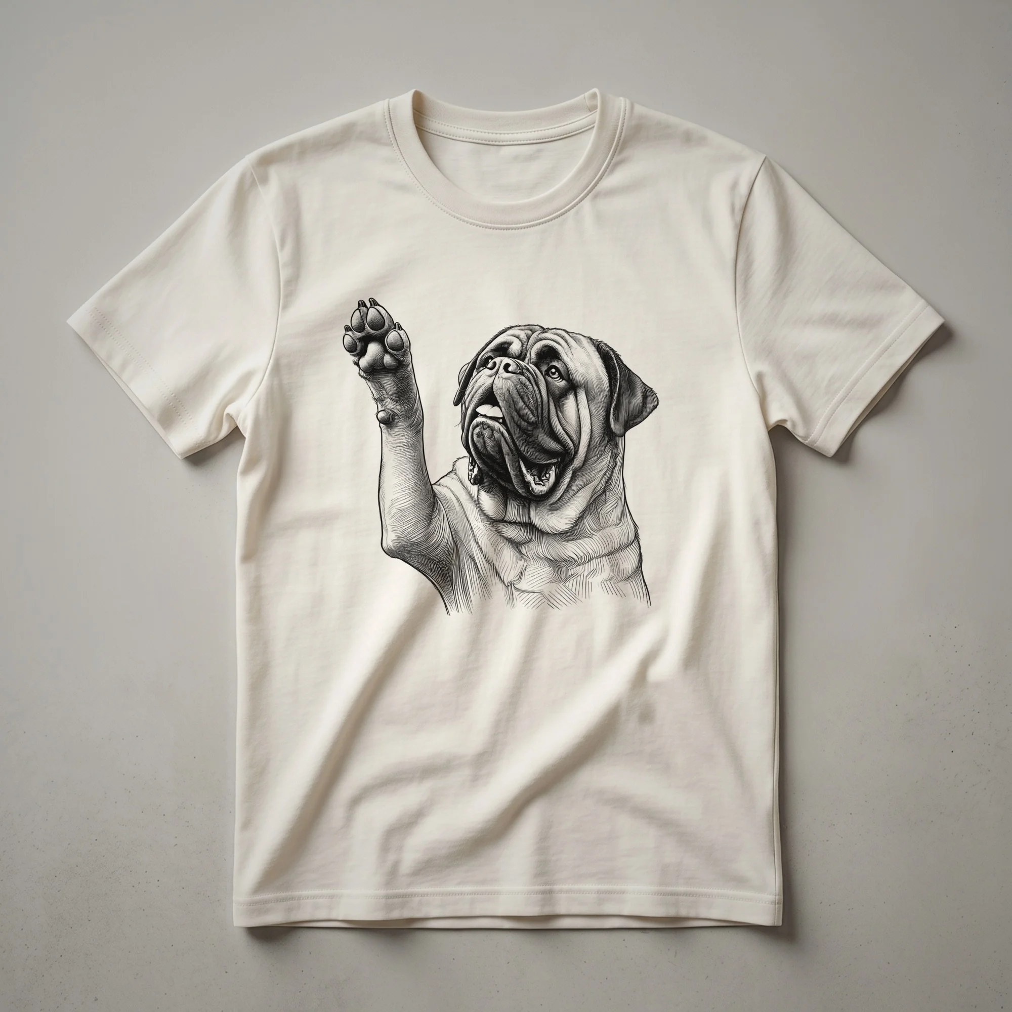 A white graphic t-shirt with a black Bullmastiff paw print design accented with colorful flowers.