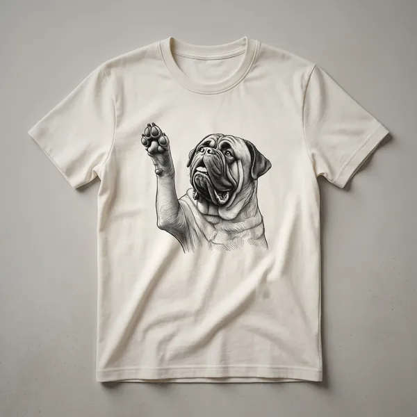 A white graphic t-shirt with a black Bullmastiff paw print design accented with colorful flowers.