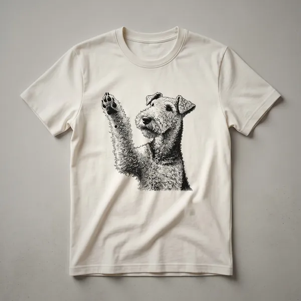 A black graphic t-shirt featuring a stylized Airedale Terrier dog with one paw raised, designed for dog lovers.