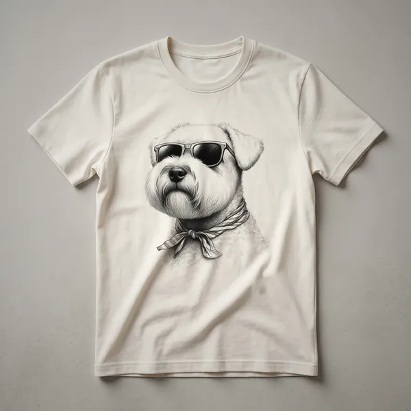White Soft Coated Wheaten Terrier dog wearing black sunglasses and a red bandana, depicted in a cartoon style on a white t-shirt.