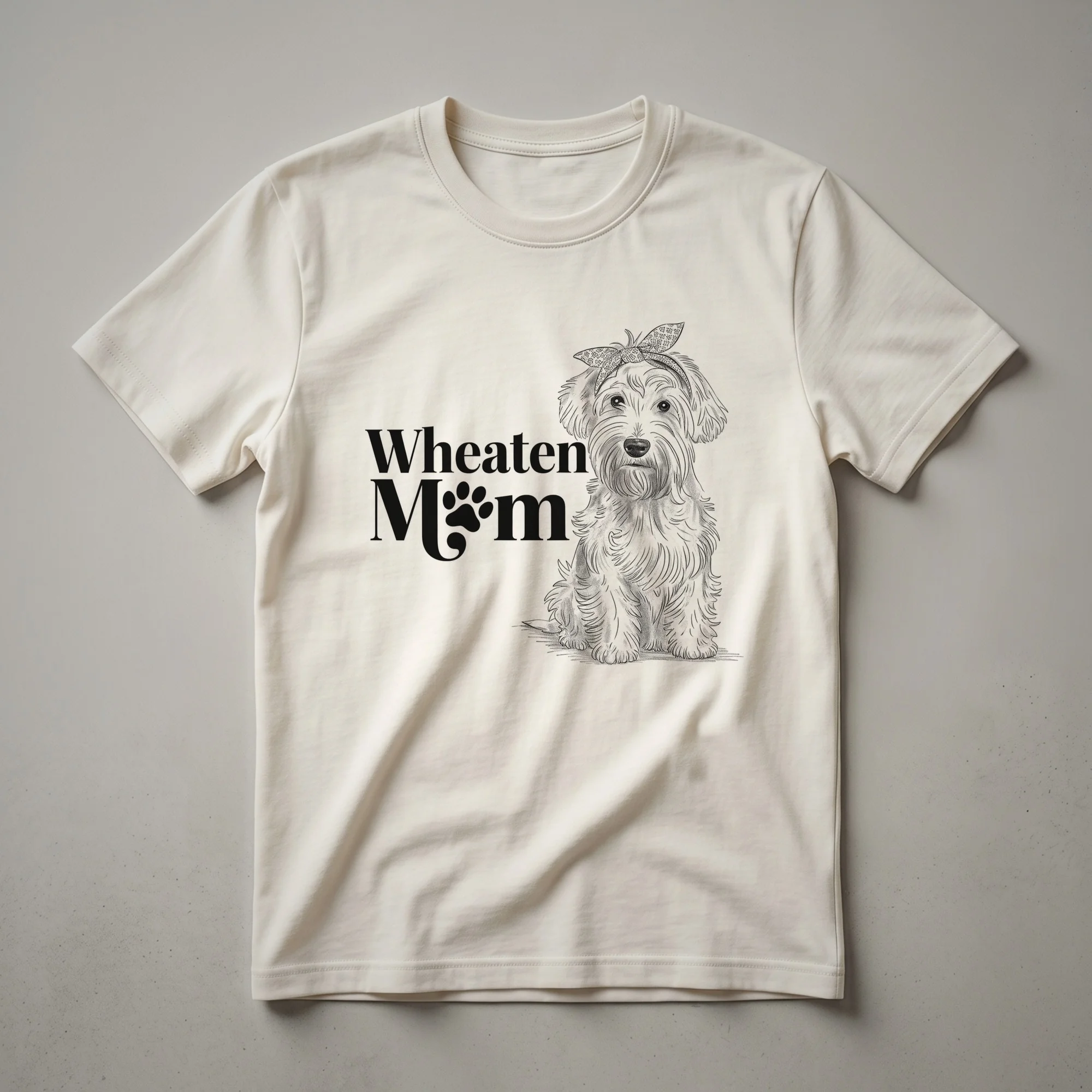 White graphic t-shirt featuring the face of a Soft Coated Wheaten Terrier wearing a floral crown.