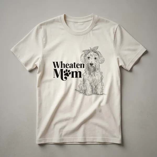 White graphic t-shirt featuring the face of a Soft Coated Wheaten Terrier wearing a floral crown.