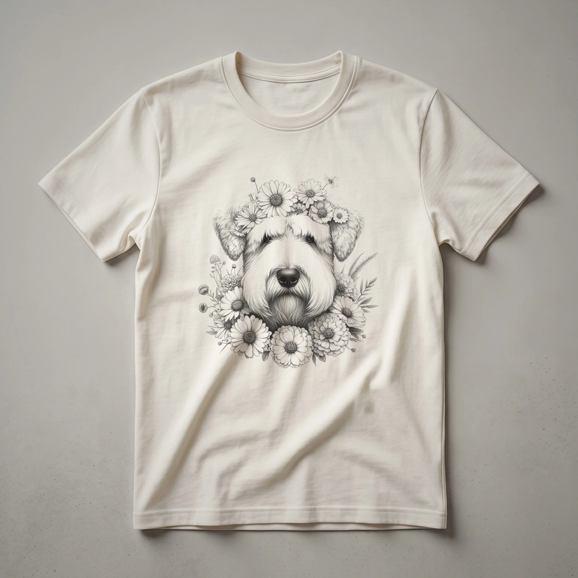 White t-shirt featuring a graphic of a Soft Coated Wheaten Terrier dog face with flowers around it.
