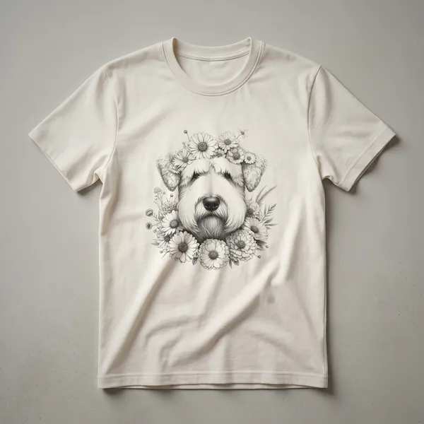 White t-shirt featuring a graphic of a Soft Coated Wheaten Terrier dog face with flowers around it.