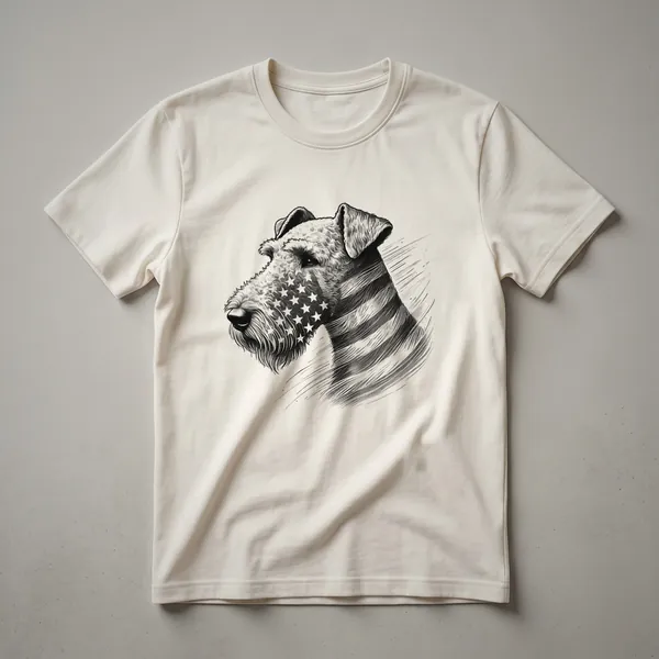 White graphic t-shirt featuring an Airedale Terrier dog wearing sunglasses with an American flag pattern, set against a white background.