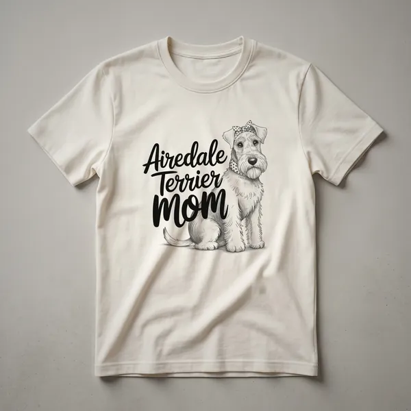 White graphic t-shirt with a floral design featuring the face of an Airedale Terrier.
