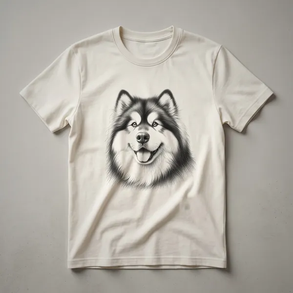 A black t-shirt featuring a graphic of an Alaskan Malamute's head with colorful floral accents around it.