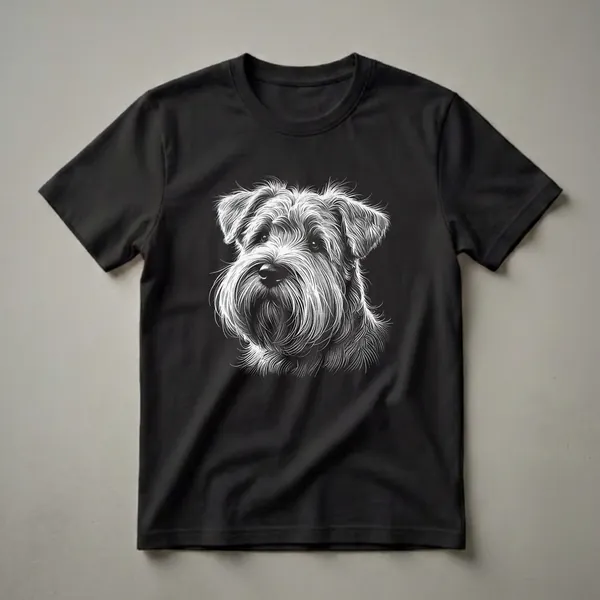 Black and white sketch of a Soft Coated Wheaten Terrier's face with detailed fur texture, presented on a black background.