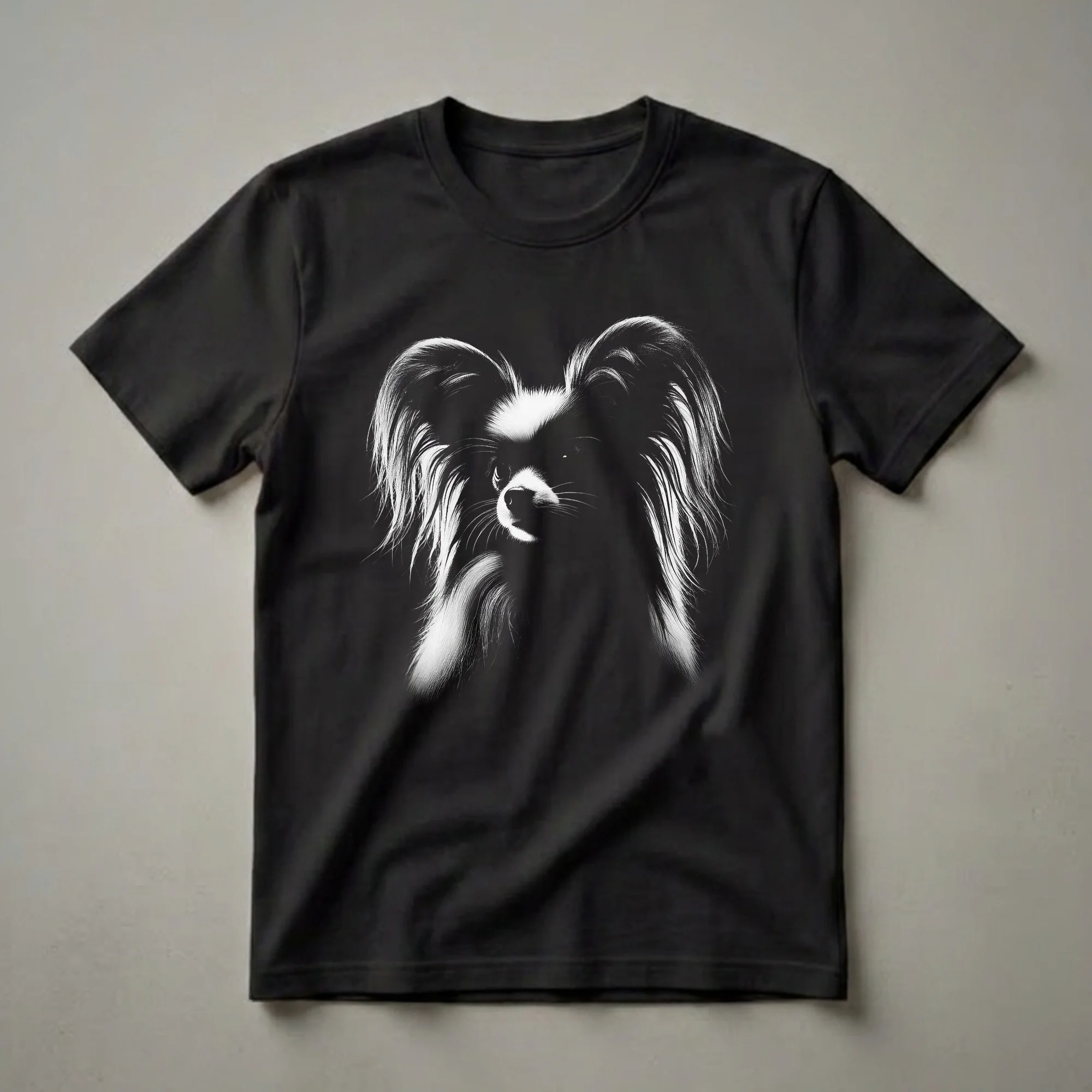 Black and white graphic illustration of a Papillon dog's face with large, prominent ears, set against a black background.