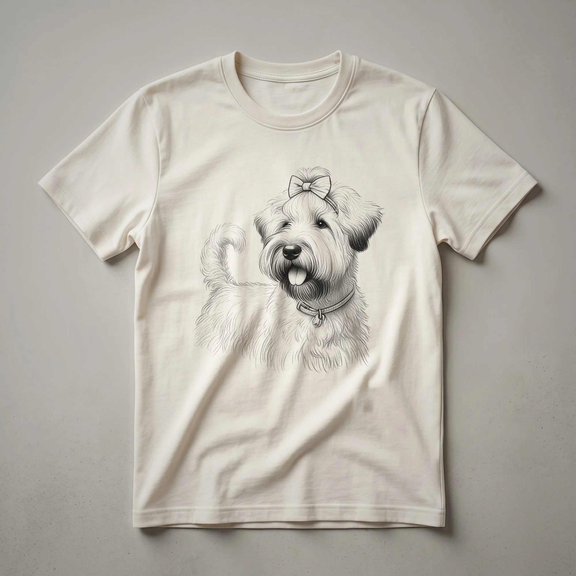 A black t-shirt featuring a stylized graphic portrait of a Soft Coated Wheaten Terrier dog with its distinctive wheat-colored coat.