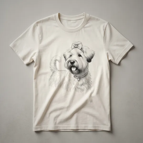 A black t-shirt featuring a stylized graphic portrait of a Soft Coated Wheaten Terrier dog with its distinctive wheat-colored coat.