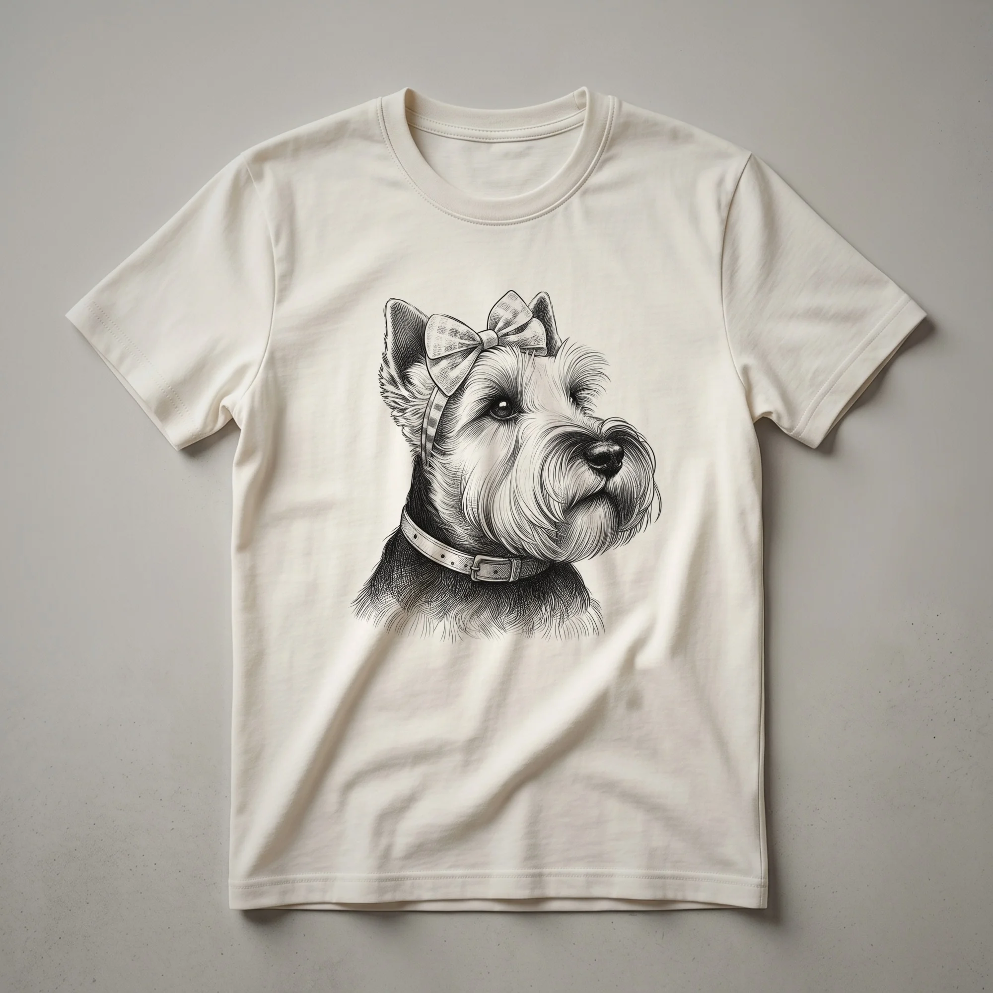 White graphic t-shirt featuring a black Scottish Terrier dog surrounded by colorful floral elements, with the text 'Dog Mom' and 'Scottie' visible.