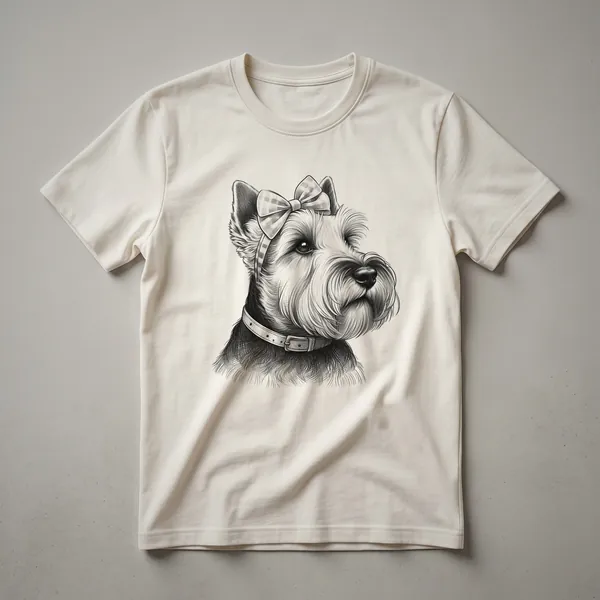 White graphic t-shirt featuring a black Scottish Terrier dog surrounded by colorful floral elements, with the text 'Dog Mom' and 'Scottie' visible.
