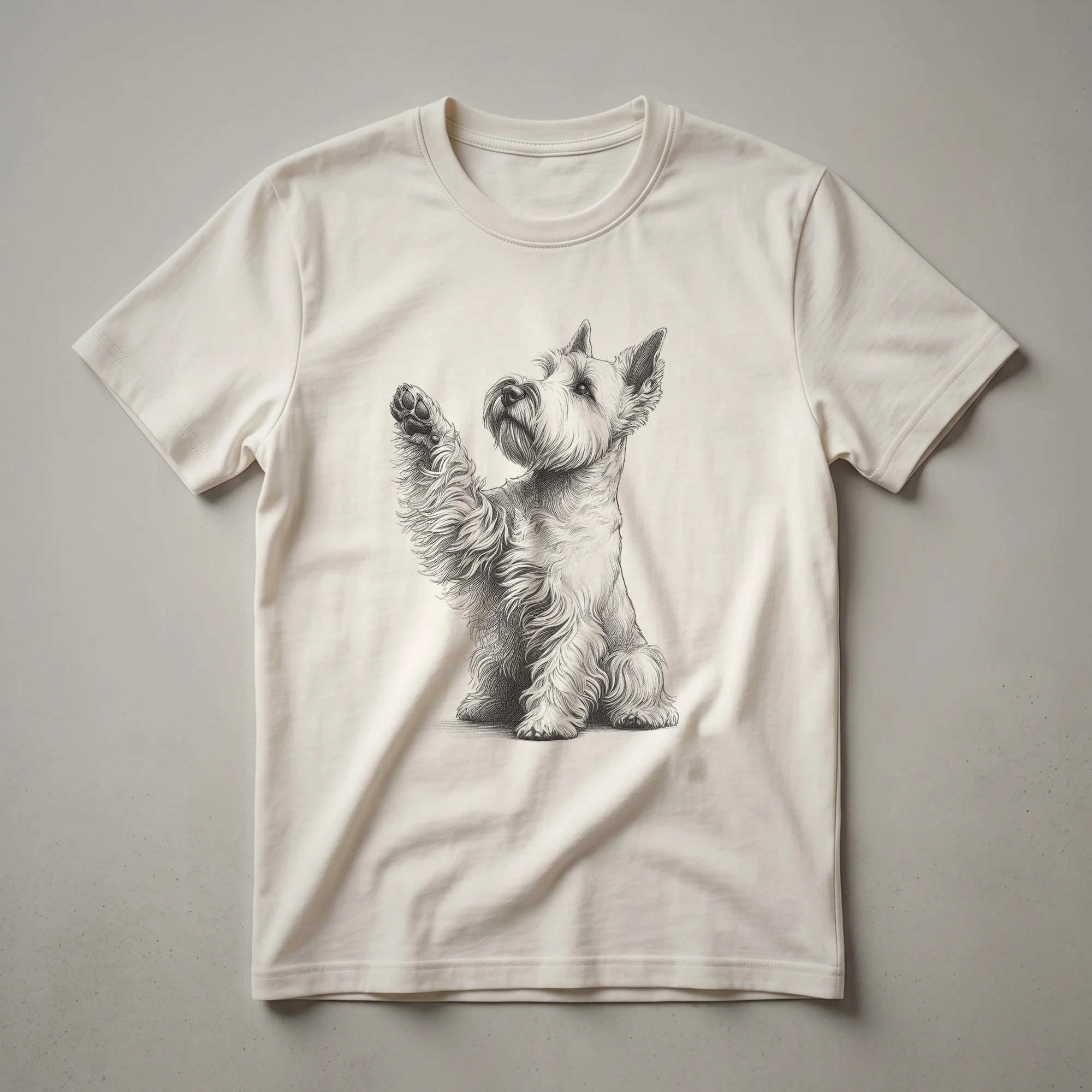 White graphic t-shirt featuring a black line-art illustration of a Scottish Terrier dog raising its front paw, with the text 'Scottish Terrier Dog Scottie Raising Paw Design' below.