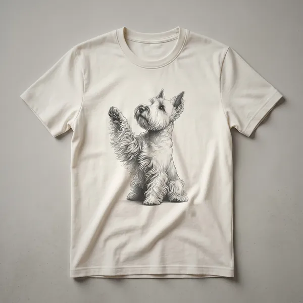 White graphic t-shirt featuring a black line-art illustration of a Scottish Terrier dog raising its front paw, with the text 'Scottish Terrier Dog Scottie Raising Paw Design' below.