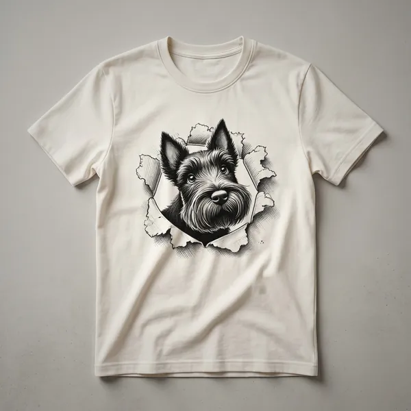 Black and white graphic t-shirt featuring a peeking Scottish Terrier dog with its distinctive beard and expressive eyes.