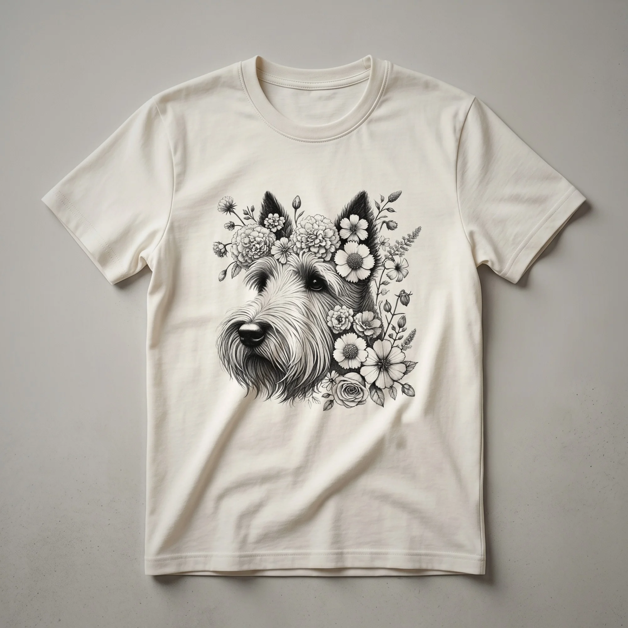 White graphic t-shirt with a black Scottish Terrier dog silhouette surrounded by colorful floral elements.