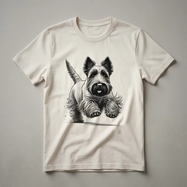 White graphic t-shirt featuring a black Scottish Terrier dog in a running motion with distressed texture.