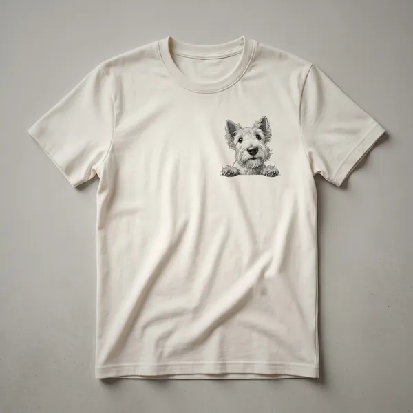 White graphic of a Scottish Terrier dog peeking over a line on a black t-shirt, showcasing its distinctive beard and alert expression.