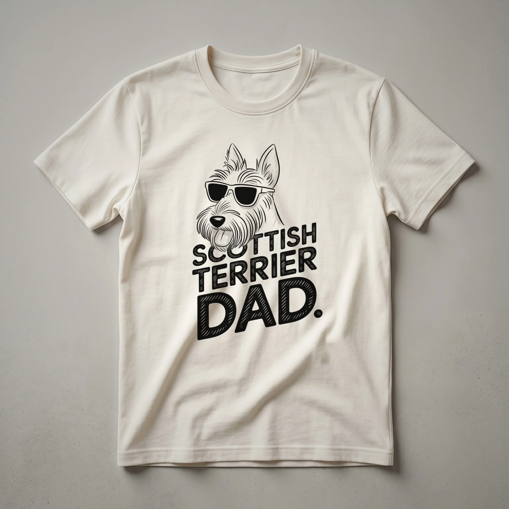 Black t-shirt featuring a stylized graphic of a Scottish Terrier dog's head with the text 'Scottish Terrier Dad'.